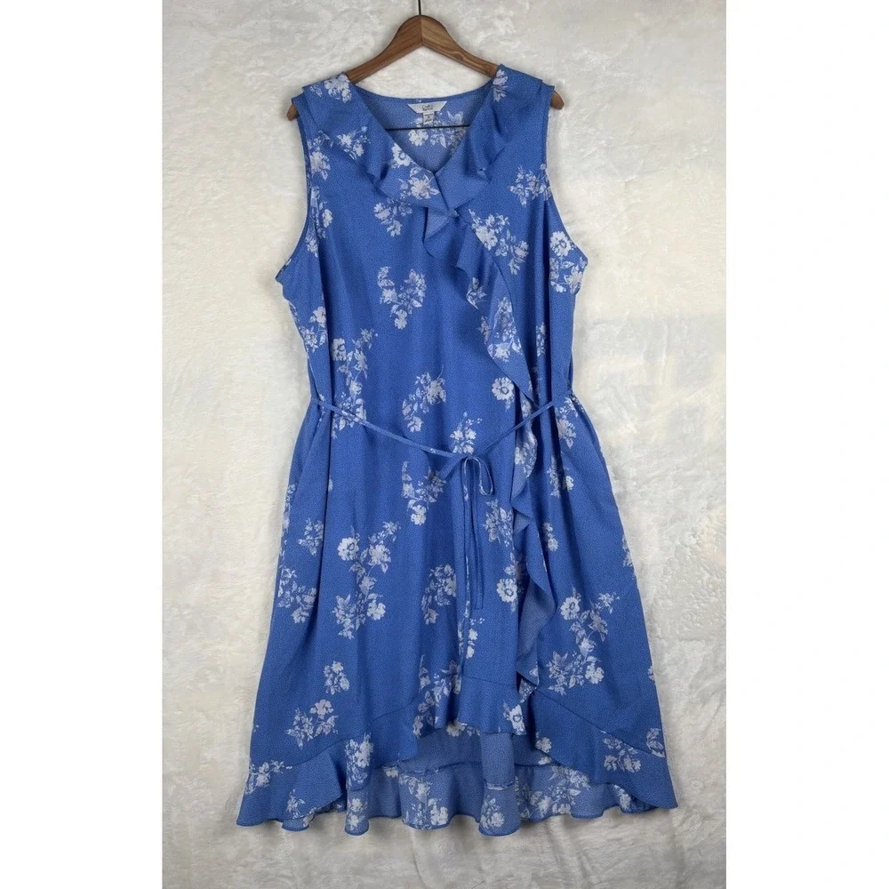 Croft & Barrow Sz 2X Blue Floral Ruffle Surplice Dress Sleeveless Midi Versatile